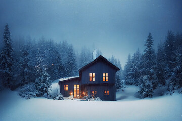 Cozy wood house forest covered in snow, roof in the snow
