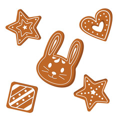 Gingerbreads, Christmas cookies of different shapes with sweet icing. Festive holiday bakery set. Flat vector illustration isolated on white background.