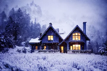 Fotobehang Wooden house winter forest, roof in the snow © Llama-World-studio