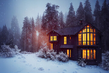 Wooden house snow-covered forest, covered in snow