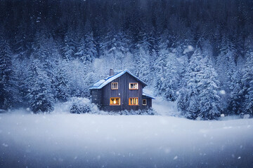 Wooden house forest covered in snow, covered in snow