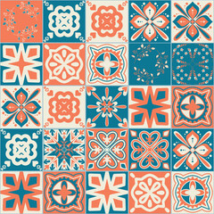Square ceramic tiles in mediterranean style, symmetrical floral motif, vector illustration for design