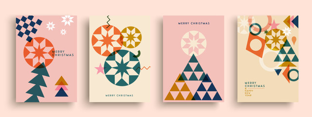 Christmas New Year retro geometric transparent shape card set - 551848261
