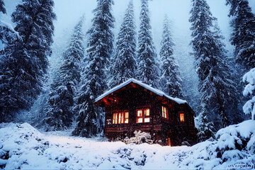 Cozy wood house trees covered with snow, covered in snow