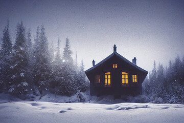 Cozy wood house snow-covered forest, snow-covered