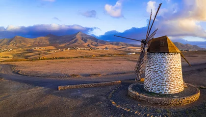 Tuinposter Magic landscape scenery of Fuerteventura island. aerial drone view of traditional windmill over sunset. Canary islands, Tefia village © Freesurf