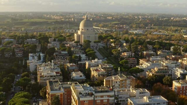 Aerial view of the basilica of Santi Pietro e Paolo a Via Ostiense in Rome, Italy. The church is located in Eur district, in the south of the city.