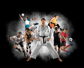 Sport collage. Karate, soccer, basketball and volleyball players