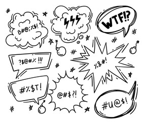 Swear Word Speech Bubble Signs Thin Line Set. Vector illustration of Aggressive Expression or Angry Words