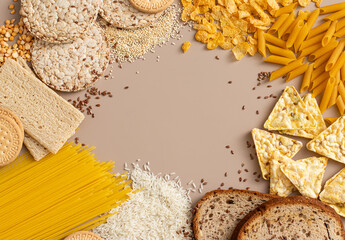 Gluten free food.. Various pasta, bread, snacks and flour background  with text space 