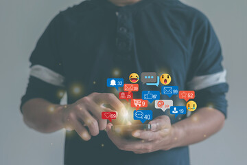 Man replying to comments and show how you feel over the smartphone. Social media interaction phone concept, 