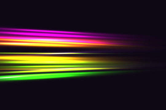 Cyberpunk light trails in motion or light slow shutter effect. Vector image of colorful light trails with motion blur effect, long time exposure. Isolated on background