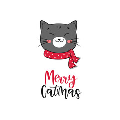 Doodle funny cat for Christmas and New year designs. Vector illustration.