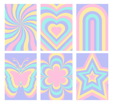 Set of groovy hippie 70s backgrounds. Y2k aesthetic rainbow, swirl, heart, star, butterfly. Trendy vector texture in retro psychedelic style.