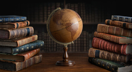 Old geographical globe and old book in cabinet with bookselfs. Science, education, travel...