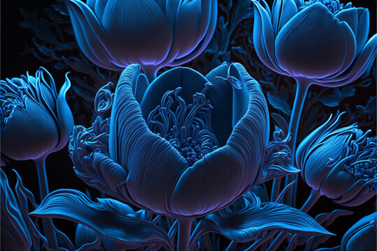 Neon blue tulips seamless pattern background illustration