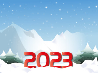 2023 rouge dans paysage de montagnes enneigé et forêt de sapins verts