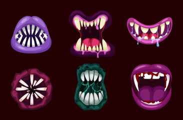 Monsters mouths. Halloween scary monster teeth and tongue in mouth. Scary lips teeth and tongue monsters. Monstrous mouths, emotions