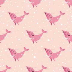 Vector Seamless Pattern with Hand-Drawn Cartoon Cute Pink Whales, Waves and Bubbles. Print with Ocean Animals, Trendy Wallpaper, Unusual Children's Design.