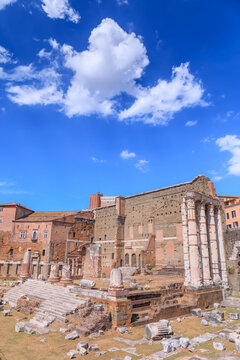 Forum of Augustus in Rome, Italy: view of the ruins of Temple of Mars Ultor (Mars the Avenger) and the wall towards the Suburra.