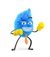 Fluffy businessman wearing boxing gloves. 3d illustration. Cartoon character. Business Competition, Challenge, Leadership Concept.