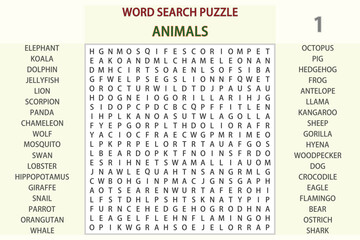 Word search puzzle vector (Word find game) illustration. Animals - 01