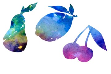 Set watercolor silhouettes fruit and berries on a white background