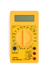 Digital multimeter with probes on a white background. 