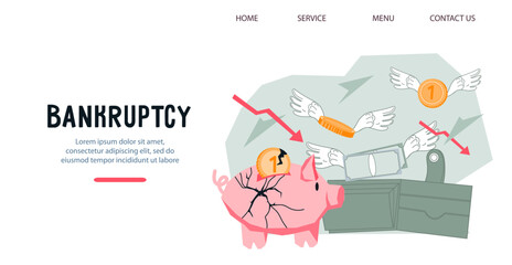 Website banner mockup for topic of Bankruptcy, financial crisis and high inflation with broken piggy bank and empty wallet, flat vector. Losing savings and money, finance crash.