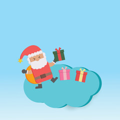 Vector lovely cute santa claus with gift box on cloud on sky design for christmas day or new year winter online shopping sale promotion. Santa claus with gift box christmas day illustration.