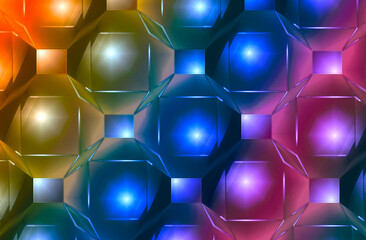 Multi-colored, "3d" three-dimensional hexagon shapes with light effects and reflection in pattern order with a 90s design vibe