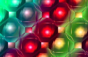 Multi-colored, "3d" three-dimensional hexagon shapes with light effects and reflection in pattern order with a 90s design vibe