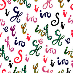 Seamless watercolor pattern. Texture background with handwritten font and cute inscriptions, and letters.