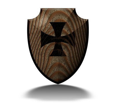 3D ILLUSTRATION, WOODEN SHIELD WITH CROSS, OF KNIGHT OF THE CRUSADE