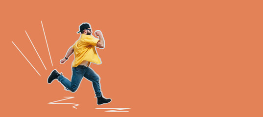 Full length view of handsome hipster guy with beard active running through the air on color isolated background. Collage in magazine style. Modern creative artwork, copyspace for ad.
