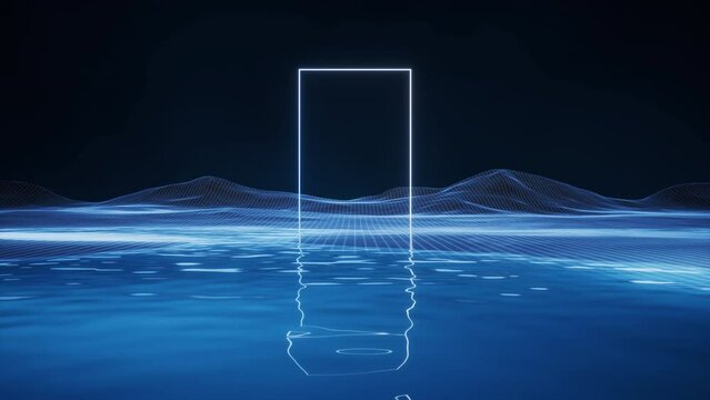 Digital space with geometric door, 3d rendering.