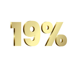19 percent 3Ds Letter Golden, 3Ds Level Gold color, Nineteen 3D Percent on red color background, and can use as transparent gold 3Ds letter for levels, calculated level, vector illustration.