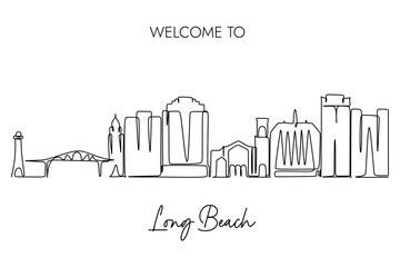 One continuous line drawing of Long Beach City Skyline. Simple line art hand drawn style design vector illustration for tourism campaign concept