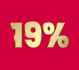 19 percent 3Ds Letter Golden, 3Ds Level Gold color, Nineteen 3D Percent on red color background, and can use as transparent gold 3Ds letter for levels, calculated level, vector illustration.