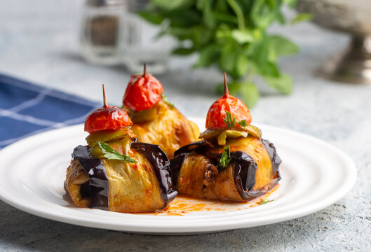 Traditional delicious Turkish food; Kofte kebab wrapped in eggplant (Turkish name; Islim - islim kebabi or kurdan kebabi)