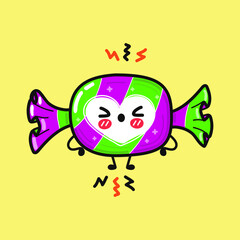 Cute angry Candy character. Vector hand drawn cartoon kawaii character illustration icon. Isolated on yellow background. Sad Candy character concept