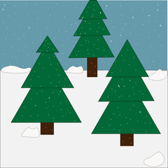 Three Christmas trees in winter , it 's snowing