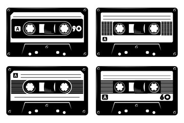 Audio cassette tape silhouette graphics, retro 80's Mixtape eps images vector art  illustrations isolated on white background.