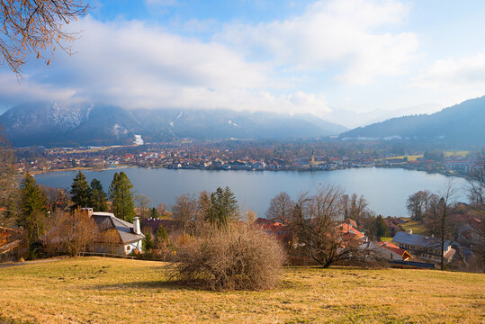 spa town Rottach-Egern and lake Tegernsee, from viewpoint. idyllic bavarian landscape