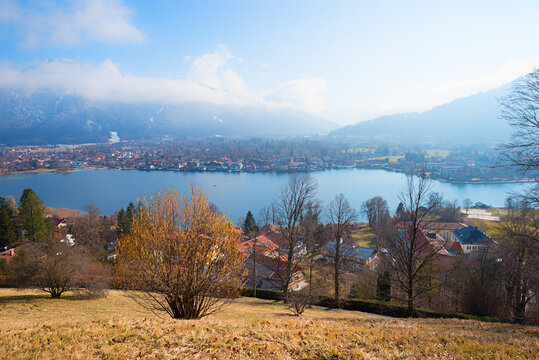 spa town Rottach-Egern and lake Tegernsee, from viewpoint. idyllic bavarian landscape
