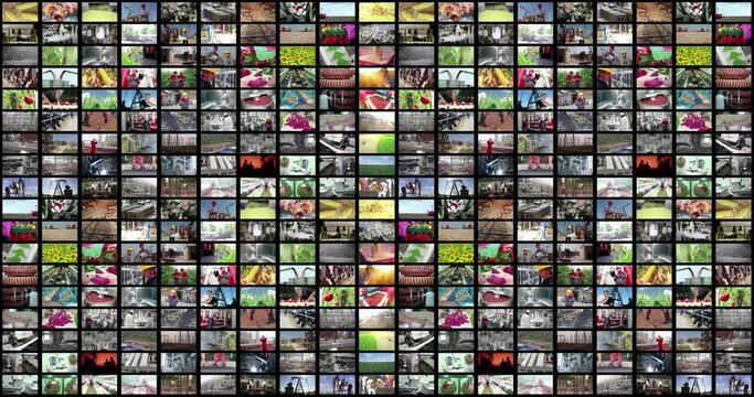 Montage industrial production in video wall. People working in a factory, construction site, agriculture, food and metal industry, energy production, farm animal, harvesting crops, time lapse