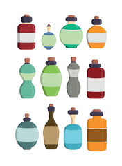 Set glass bottle with vessel labels Flat vector illustration