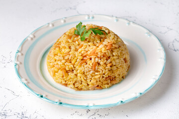 Traditional delicious Turkish food, bulgur pilaf with vermicelli (Turkish name; arpa sehriyeli bulgur pilavi)