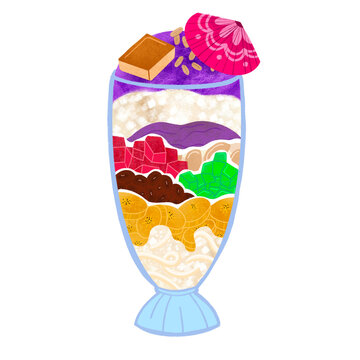 Filipino halo-halo with pink paper parasol in tall glass