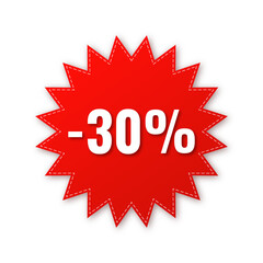Sale, price tag or label 30 % isolated on transparent background. Shopping sticker and badge for merchandise and promotion. Red sticker for web banners with realistic shadow.